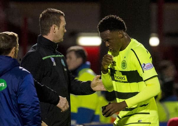 Celtic's Dedryck Boyata is sent off for a challenge on Hamilton's Carlton Morris. Picture: SNS Group