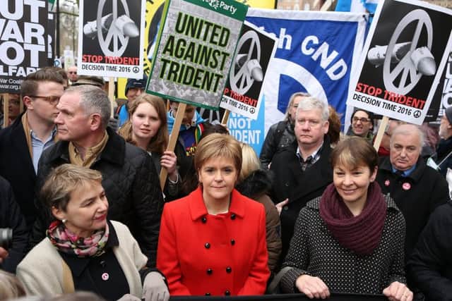 LONDON, ENGLAND - FEBRUARY 27:  Scottish First Minister Nicola Sturgeon joins demonstrators on a 'Stop Trident' march though central London   Photo by Dan Kitwood/Getty Images