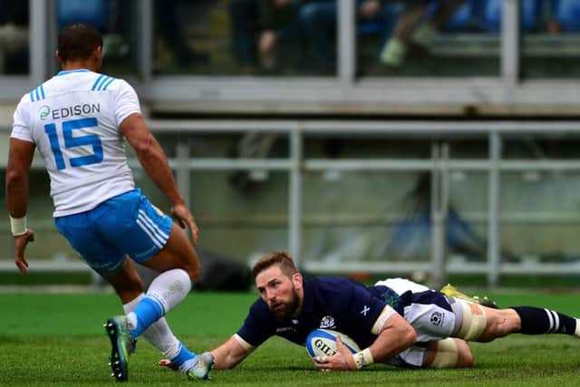 John Barclay goes over the line for Scotland's first try. (Photo by Dan Mullan/Getty Images)