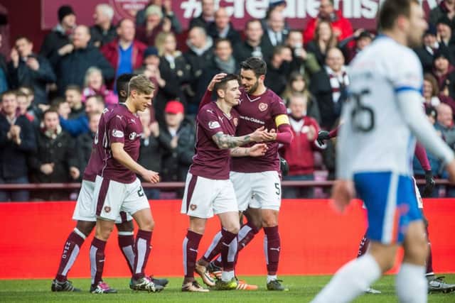 Jamie Walker celebrates scoring Hearts' only goal. Photographer Ian Georgeson
