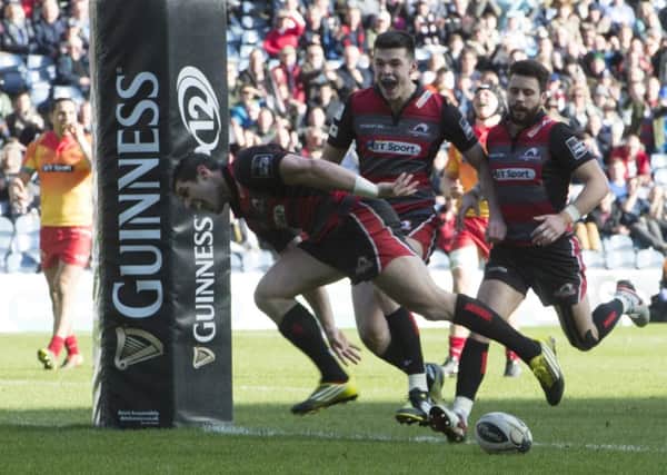 Edinburgh's Phil Burleigh goes over for a try. Picture: SNS