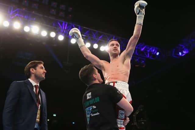 Josh Taylor celebrates after victory over Lyes Chaibi in the Super-Lightweight Contest at Manchester Arena. Picture: Getty