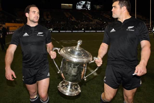 Corey Flynn (right), pictured with Alby Mathewson after a victorious Bledisloe Cup match in 2010, played 15 Tests for New Zealand. Picture: Getty