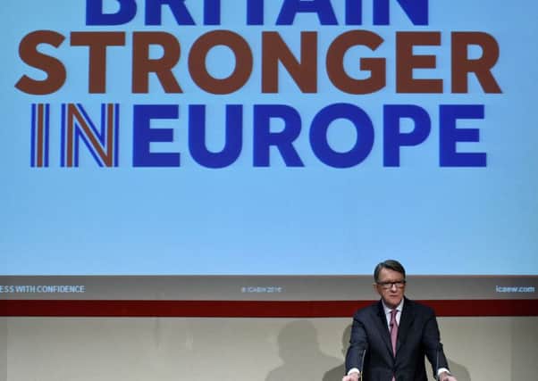 Lord Mandelson delivers a keynote speech during an event hosted by the Britain Stronger In Europe campaign today. Picture: Getty Images