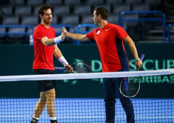 Andy Murray and Great Britain captain Leon Smith during a practice session ahead of the Davis Cup tie with Japan in Birmingham. Picture: Jordan Mansfield/Getty Images for LTA