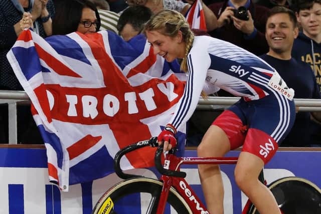 Britain's Laura Trott celebrates taking gold in the women's scratch race at the 2016 Track Cycling World Championships. Picture: Adrian Dennis/AFP/Getty