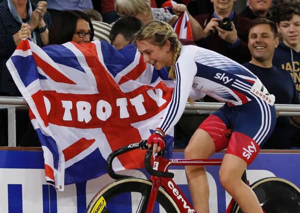 Britain's Laura Trott celebrates taking gold in the women's scratch race at the 2016 Track Cycling World Championships. Picture: Adrian Dennis/AFP/Getty