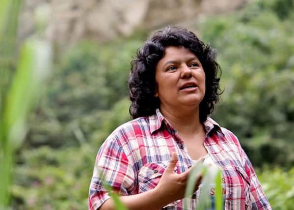 Berta Caceres speaks to people near the Gualcarque river located in the Intibuca department of Honduras. Photo AP