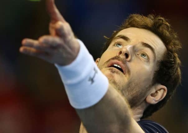 Andy Murray serves during his comfortable 6-1, 6-3, 6-1 victory over world No 87 Taro Daniel. Picture: Getty