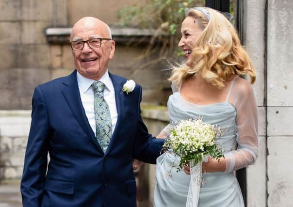 Rupert Murdoch  and his new bride, former US model Jerry Hall. Picture: Getty