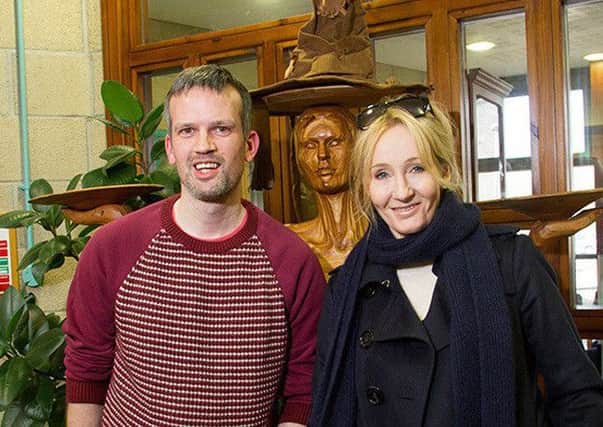 The Harry Potter author is pictured with the librarys Stewart Bain. Picture: Orkney Library