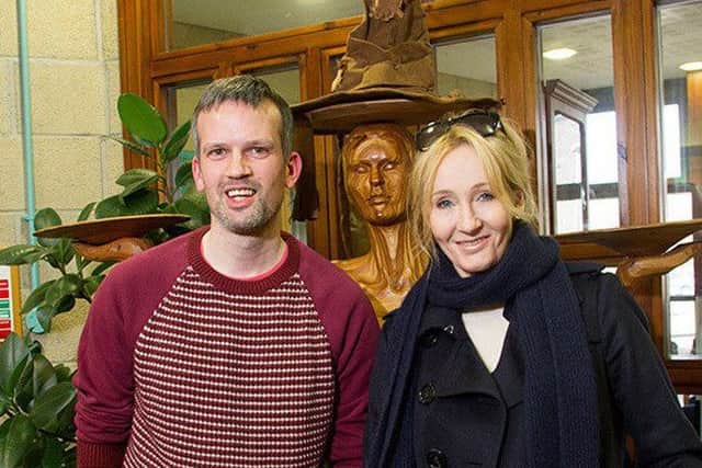 The Harry Potter author is pictured with the librarys Stewart Bain. Picture: Orkney Library