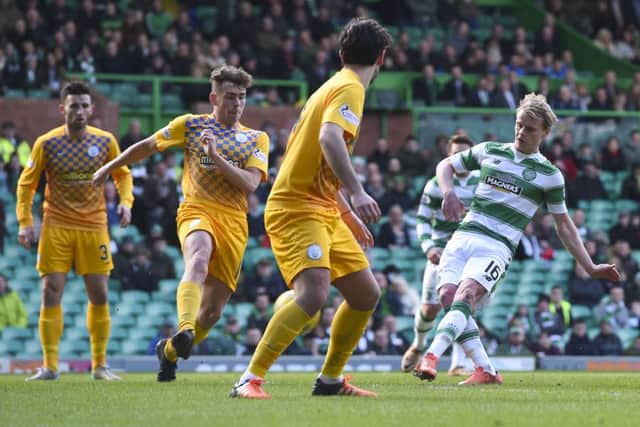 Celtic's Gary Mackay-Steven  scores his side's second goal. Picture: SNS