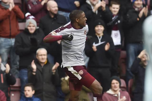 Hearts Arnaud Djoum celebrates his first-half winner against Partick Thistle at Tynecastle. Picture: SNS Group