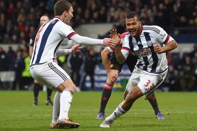 West Brom striker Salomon Rondon, right, celebrates after scoring what proved to be the winner. Picture: Getty Images
