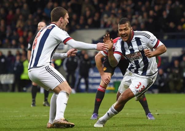 West Brom striker Salomon Rondon, right, celebrates after scoring what proved to be the winner. Picture: Getty Images