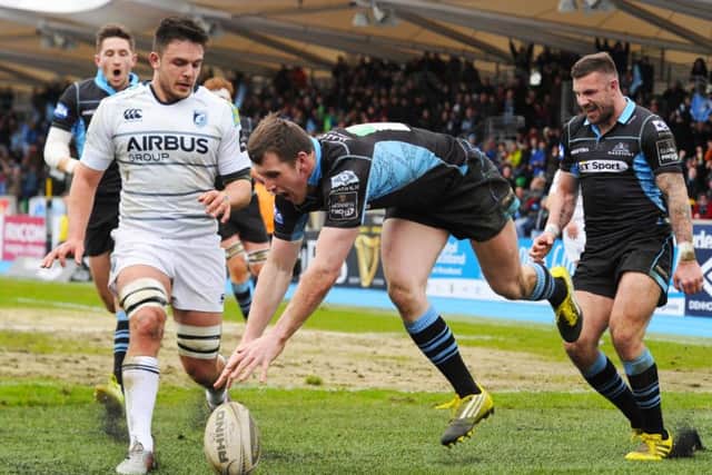 Mark Bennett's try is disallowed after he drops the ball over the line for Glasgow Warriors. Picture: Paul Devlin/SNS/SRU
