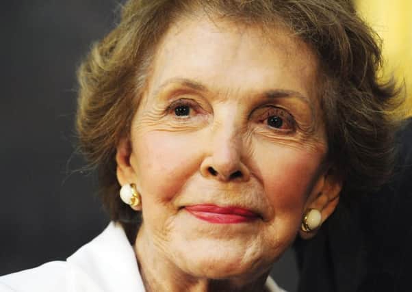 Former US First Lady Nancy Reagan at the unveiling of a statue of her husband Ronald Reagan. Picture: AFP/Getty Images