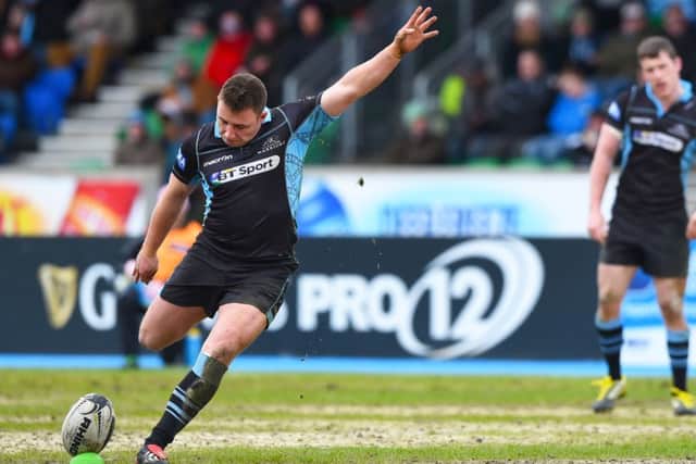 Duncan Weir kicks a goal for Glasgow Warriors in the win over Cardiff Blues on Sunday. Next season he will be playing for Edinburgh. Picture: SNS