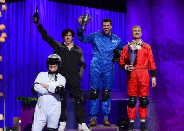 Alan Carr, Stephen Mangan, Steve Jones and David Coulthard as they appear on Alan Carr Chatty Man. Picture: PA