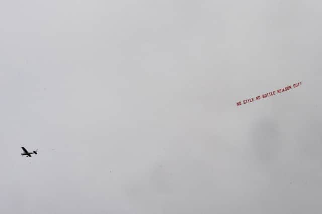 The plane flew over Tynecastle last weekend with a message for the manager. Picture: John Devlin