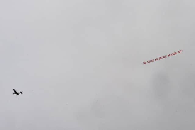 The plane flew over Tynecastle last weekend with a message for the manager. Picture: John Devlin