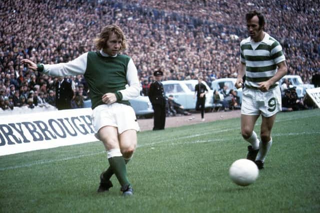 Hibs' stylish sweeper John Blackley, left, in action against Celtic's Bobby Lennox in the 1973 Drybrough Cup final at Hampden. Picture: SNS Group