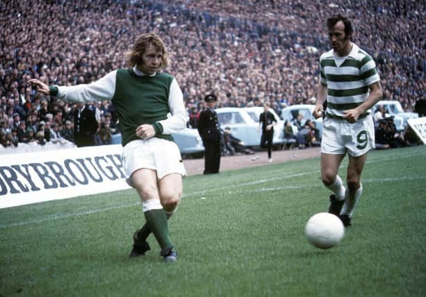 Hibs' stylish sweeper John Blackley, left, in action against Celtic's Bobby Lennox in the 1973 Drybrough Cup final at Hampden. Picture: SNS Group