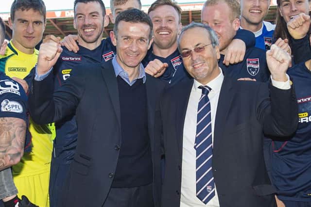 Ross County manager Jim McIntyre, left, hopes to be celebrating League Cup success with chairman Roy MacGregor at full-time tomorrow. Picture: SNS Group