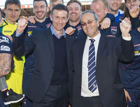 Ross County manager Jim McIntyre, left, hopes to be celebrating League Cup success with chairman Roy MacGregor at full-time tomorrow. Picture: SNS Group