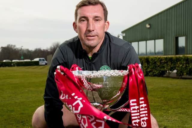 Hibs manager Alan Stubbs with the League Cup ahead of tomorrows final against Ross County. Picture: SNS