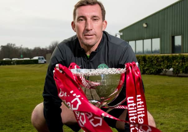 Hibs manager Alan Stubbs with the League Cup ahead of tomorrows final against Ross County. Picture: SNS