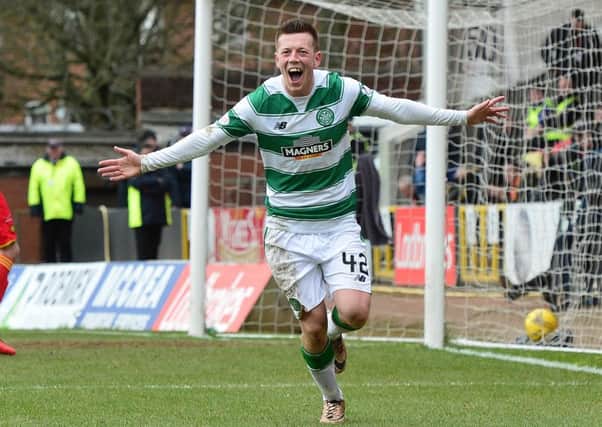 Callum McGregor celebrates scoring a goal in the second half during the Ladbrokes Scottish Premiership match between Patrick Thistle FC and Celtic FC. Picture: Getty