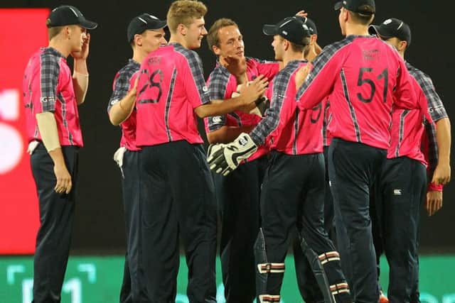 Scotland's Gavin Main celebrates the wicket of Hong Kong's Ryan Campbell during the T20 World Cup win in Nagpur.
Picture: Prashant Bhoot/AFP/Getty Images