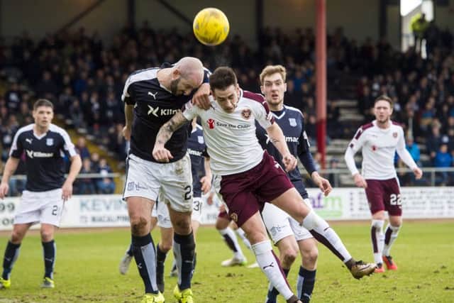 Jamie Walker, right, is challenged by Dundees Gary Harkins. Picture: SNS