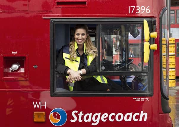 Ferne McCann gets behind the wheel of a Stagecoach bus. Picture: Contributed