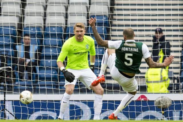 Moment of anguish: Fontaine plays the ball into path of Ross County's Alex Schalk (not pictured) to win the game. Picture: SNS