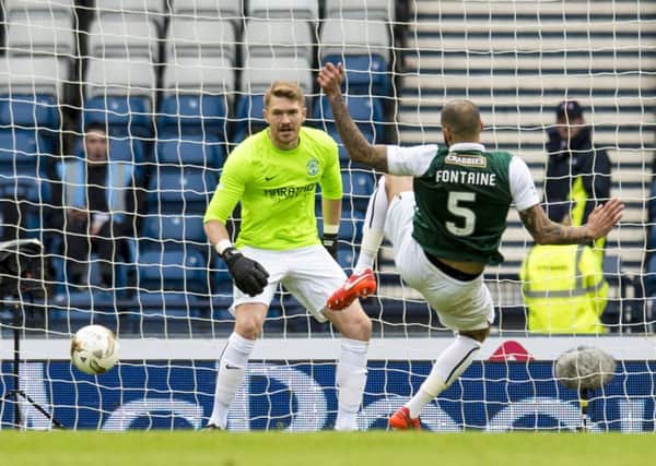 Moment of anguish: Fontaine plays the ball into path of Ross County's Alex Schalk (not pictured) to win the game. Picture: SNS