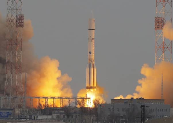 The rocket carrying the ExoMars Trace Gas Orbiter takes off from the Baikonur launch site. Picture: AP
