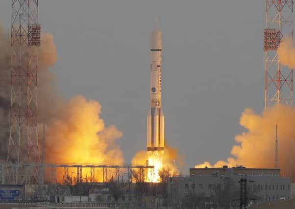 The rocket carrying the ExoMars Trace Gas Orbiter takes off from the Baikonur launch site. Picture: AP