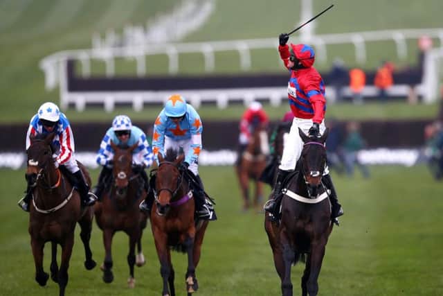 Jockey Nico de Boinville celebrates on board Sprinter Sacre after winning. Picture: Getty