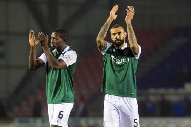 Marvin Bartley and Liam Fontaine celebrate Hibs' return to Hampden after the victory over Inverness. Picture: Craig Foy/SNS