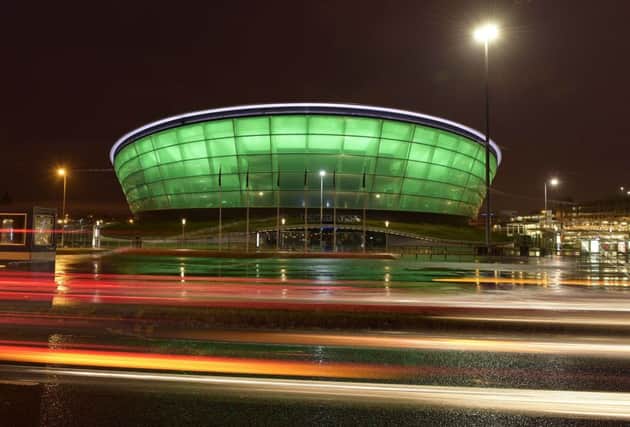 The SSE Hydro concert venue in Glasgow was lit up in green to mark St Patrick's Day. Picture: PA