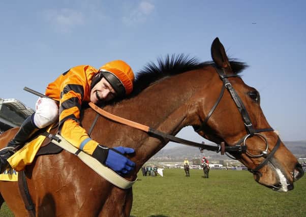 Tom Scudamore riding Thistlecrack win The Ryanair World Hurdle Race. Picture: Getty