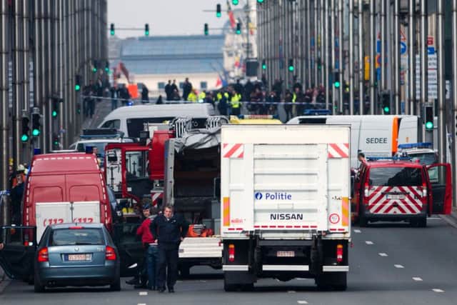 Belgian emergency services in Rue de la Loi, which was evacuated after an explosion at the Maelbeek metro station. Picture: AFP/Getty Images