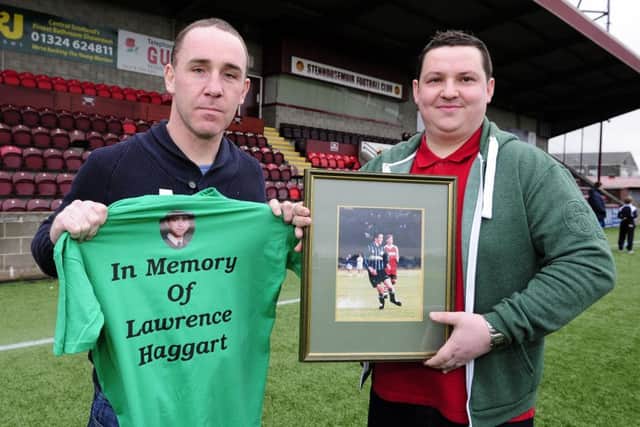 Richard Fox and Dennis Haggart publicise a charity match in memory of Lawrence Haggart. Picture Michael Gillen