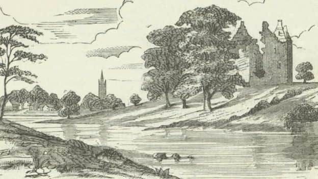A 19th century artist's impression of the second Partick Castle on the banks of the Kelvin, looking south towards Govan