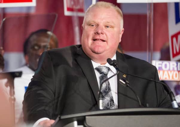 Former Toronto mayor Rob Ford speaking at the launch of his re-election campaign in 2014. Picture: AFP/Getty Images
