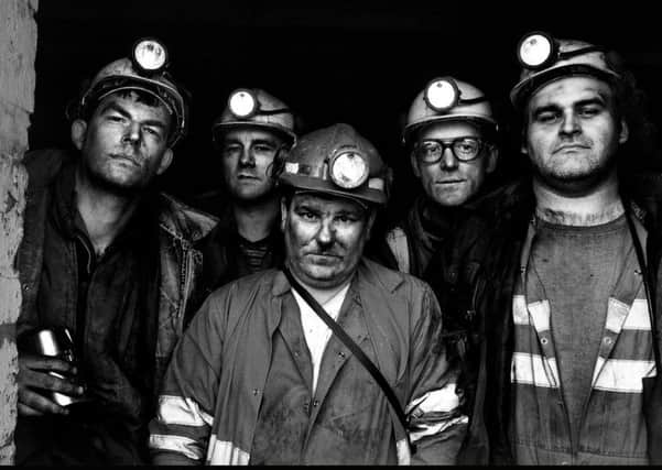 Longannet Colliery, Fife. The last 5 miners back on the surface after the last shift. L to R. Stewart Steele, Kevin Skelton, Lachie Farries, Kenneth Nicholson and Stewart Nicholson.