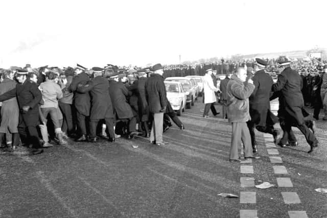Police clash with pickets and miners outside Longannet power station during the miners' strike in February 1972